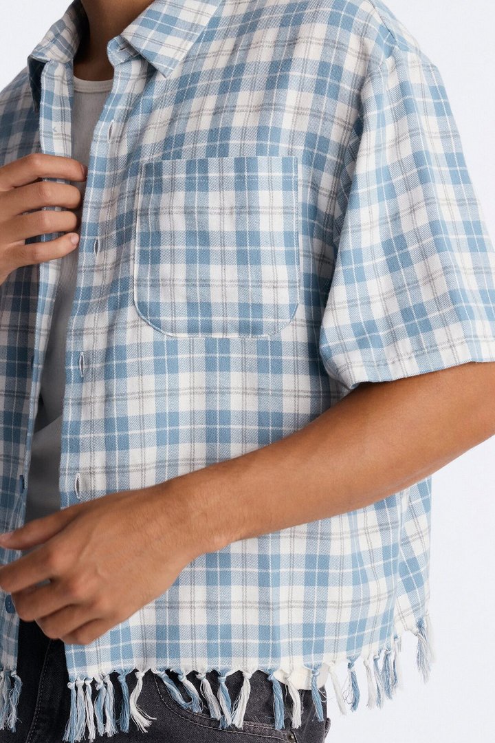 Crossfade Fringe Plaid Button Up Shirt - Blue/combo