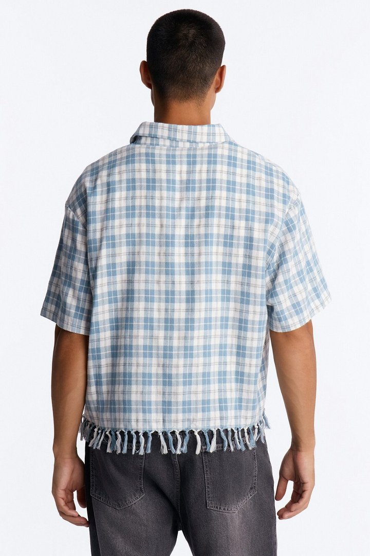 Crossfade Fringe Plaid Button Up Shirt - Blue/combo