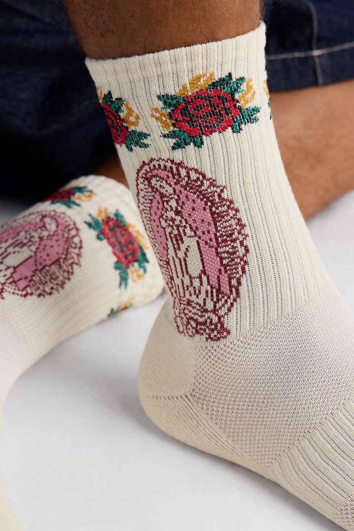 Graphic Rose Crew Socks - White