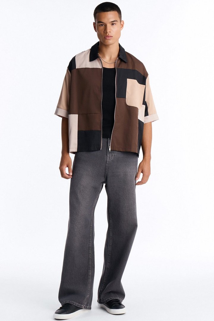 Cropped Pixel Perfect Zip Up Shirt - Brown