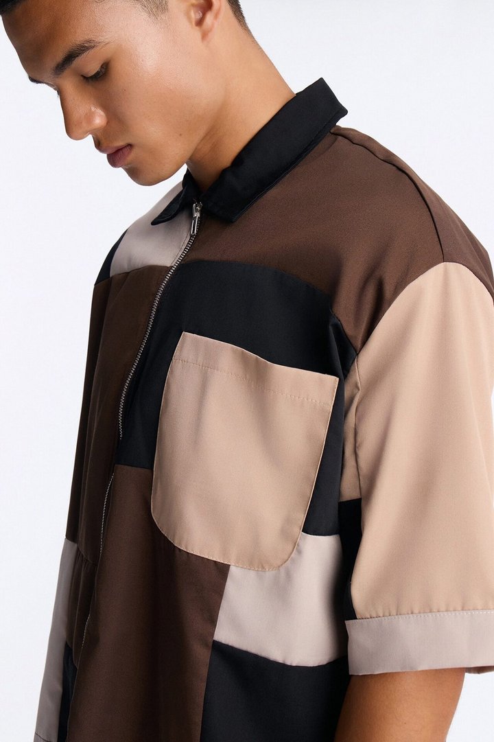 Cropped Pixel Perfect Zip Up Shirt - Brown