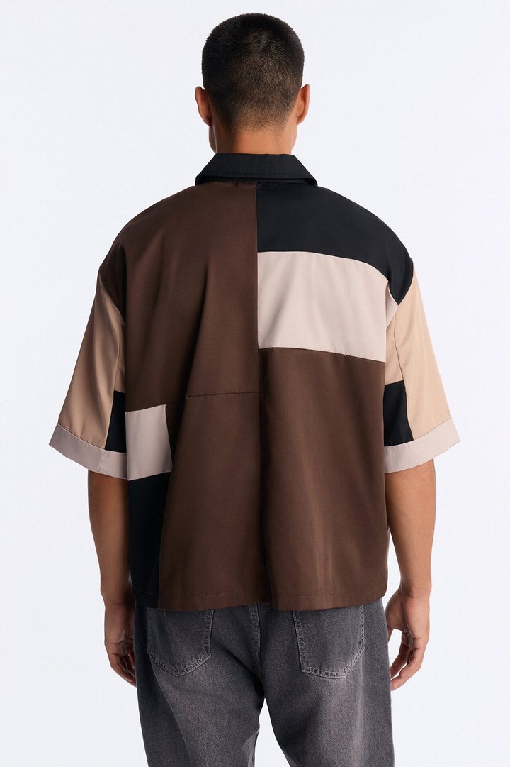 Cropped Pixel Perfect Zip Up Shirt - Brown