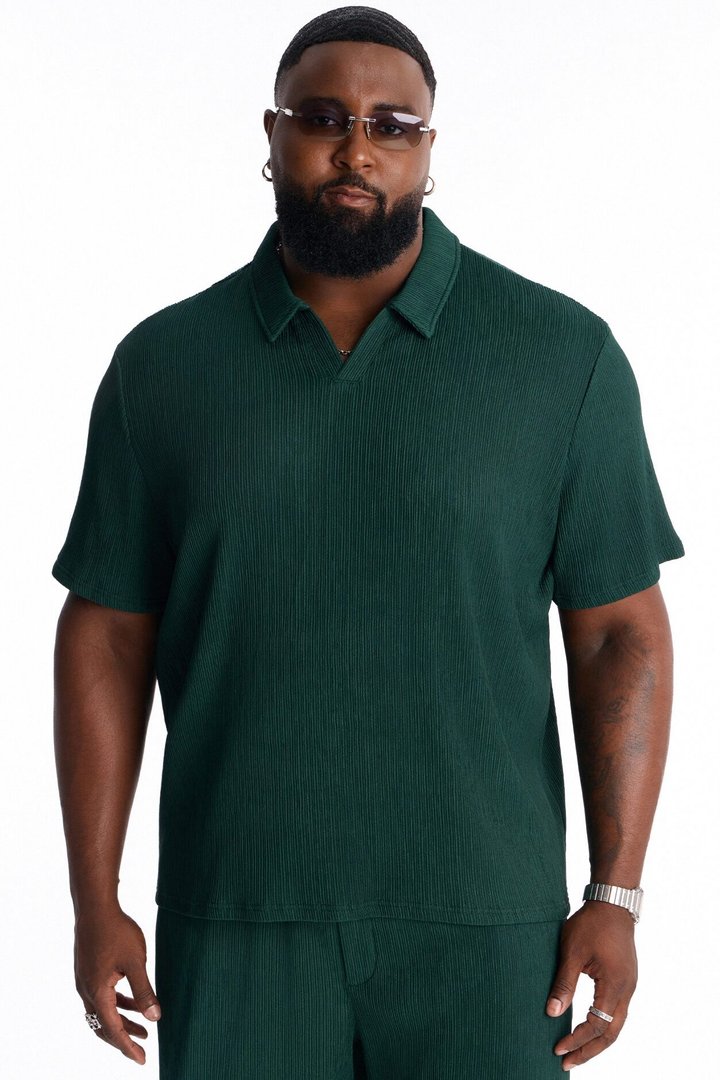 Pure Form Plisse Johnny Collar Polo - Hunter Green