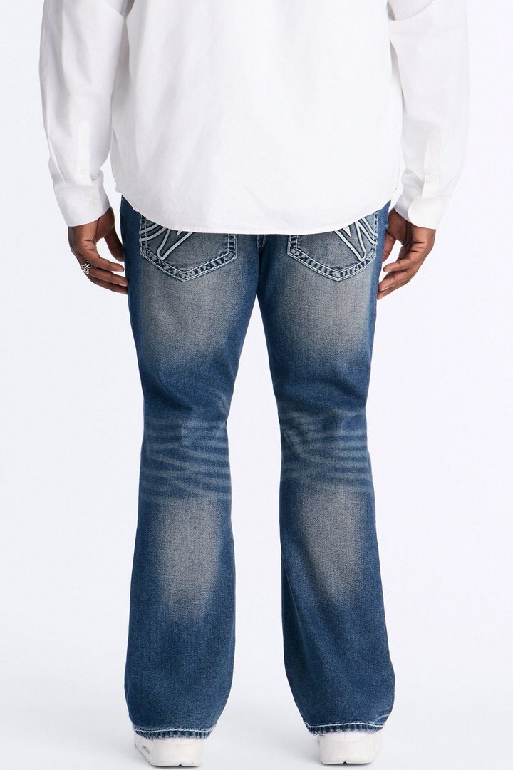 Heavy Stitch Back Flap Stacked Slim Flare Jean - Dark Wash