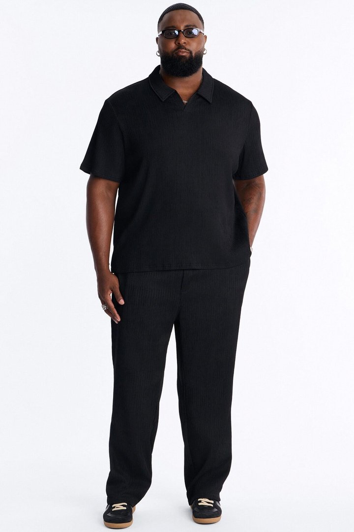 Pure Form Plisse Johnny Collar Polo - Black