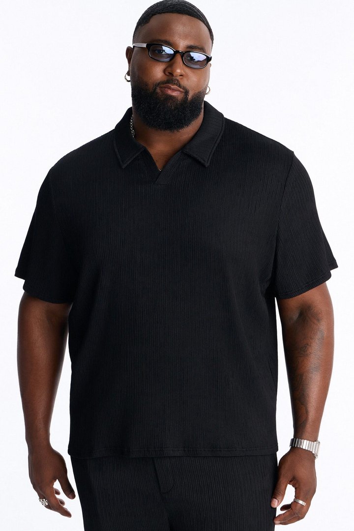 Pure Form Plisse Johnny Collar Polo - Black