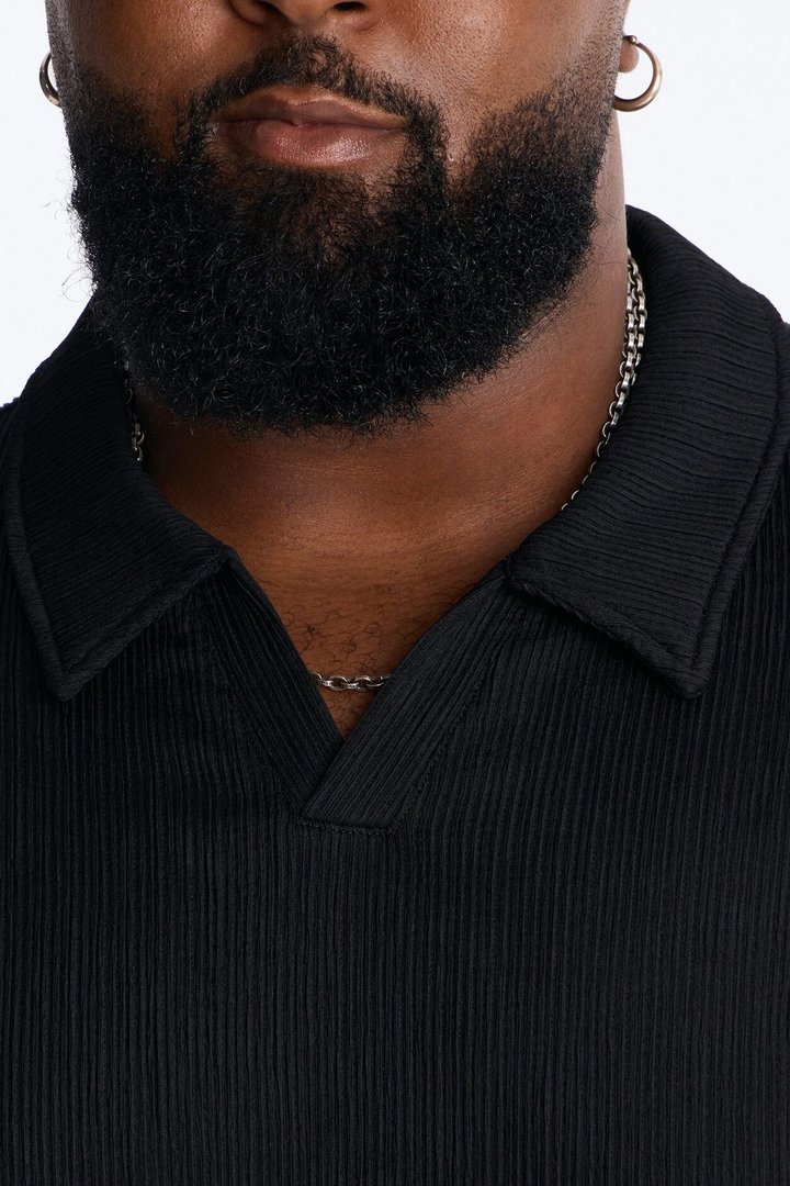 Pure Form Plisse Johnny Collar Polo - Black