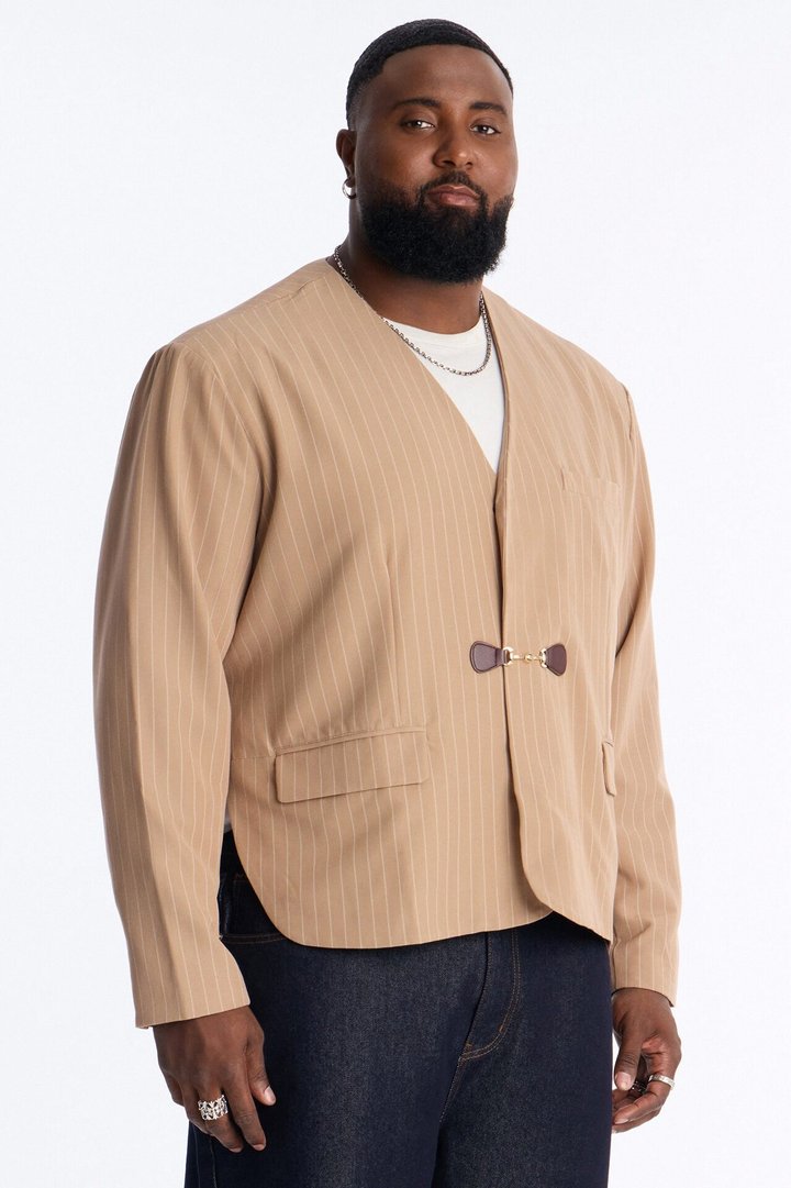 Boxy Cropped Pin Striped Cut Out Blazer - Tan