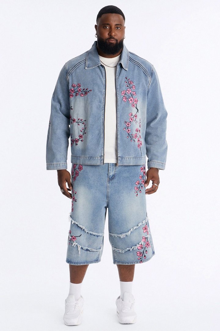 Sakura Flora Embroidered Denim Jacket - Light Blue Wash