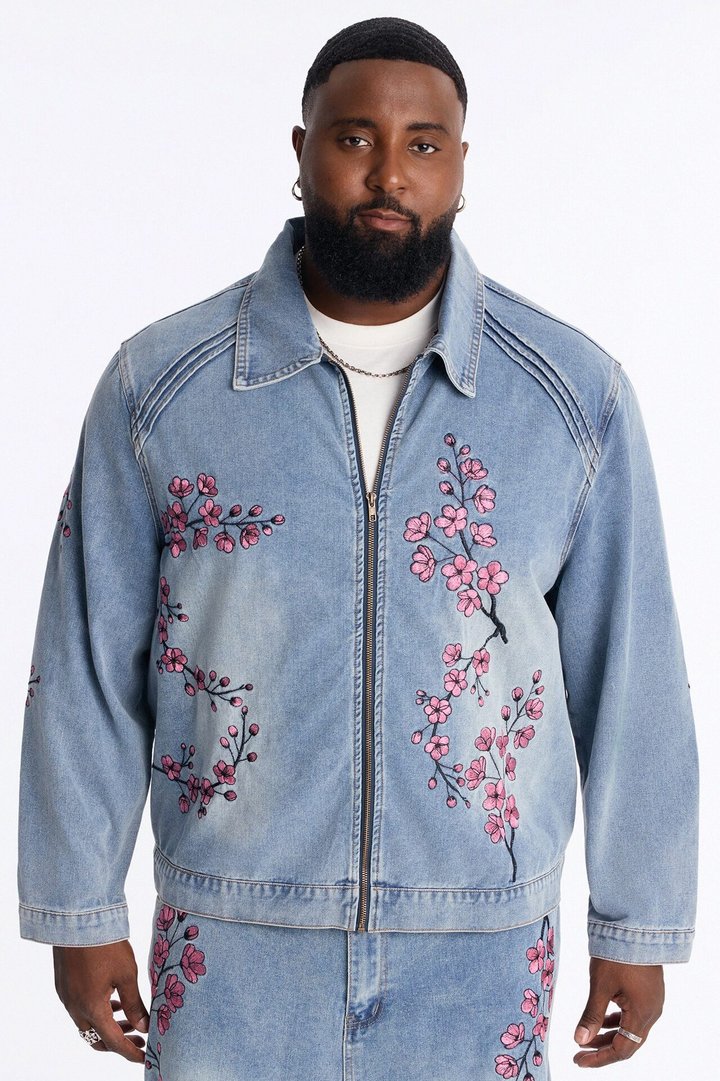 Sakura Flora Embroidered Denim Jacket - Light Blue Wash