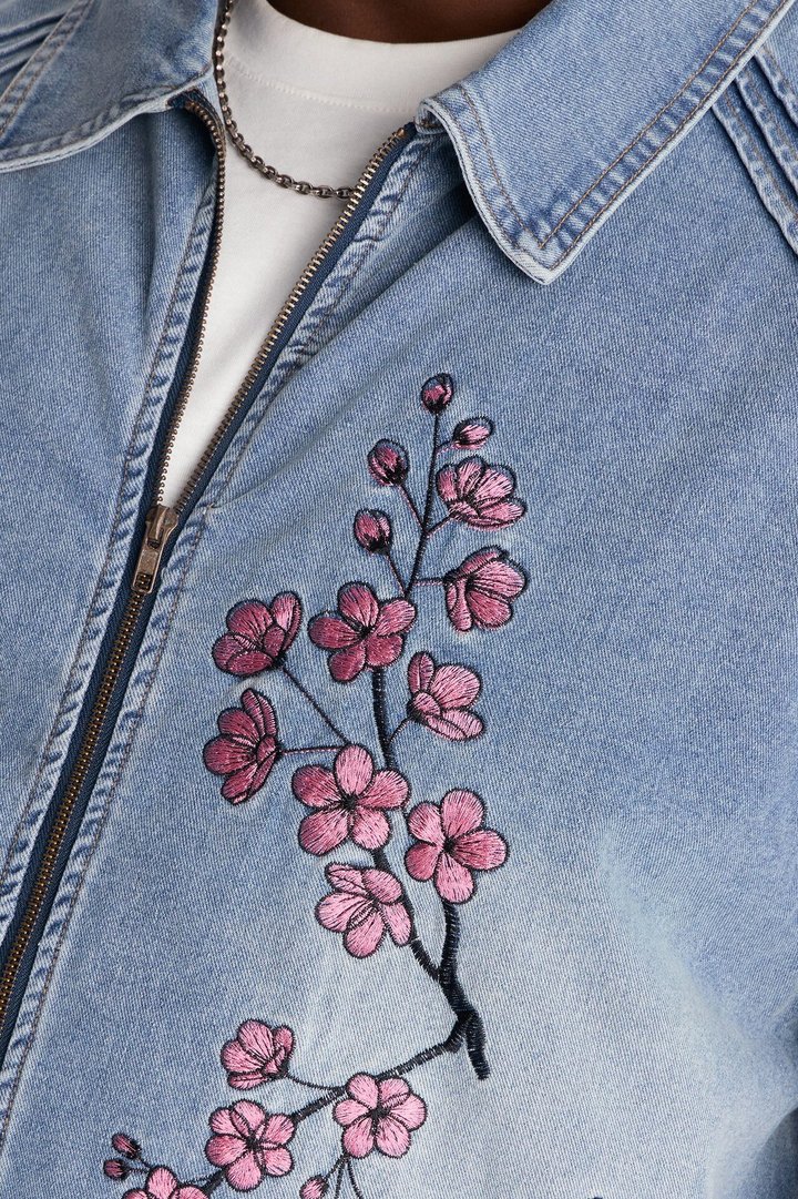 Sakura Flora Embroidered Denim Jacket - Light Blue Wash
