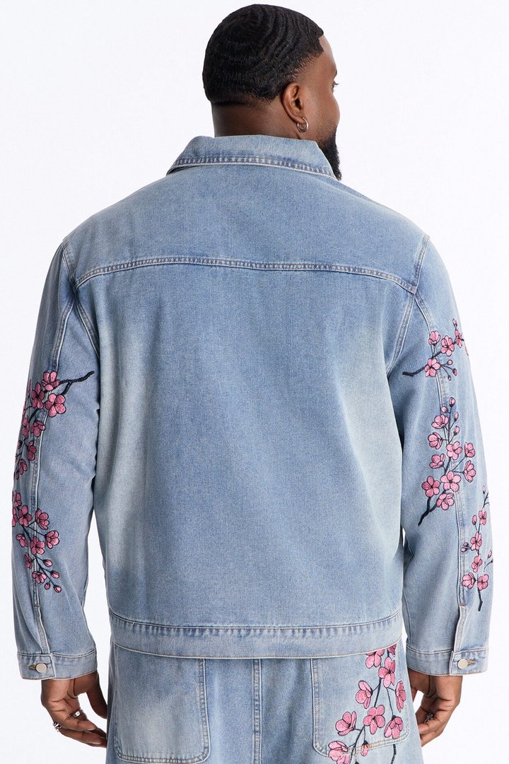 Sakura Flora Embroidered Denim Jacket - Light Blue Wash
