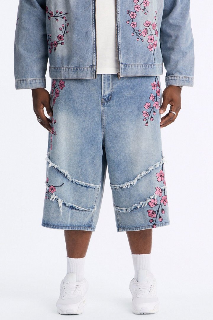 Sakura Flora Embroidered Baggy Denim Short - Light Blue Wash