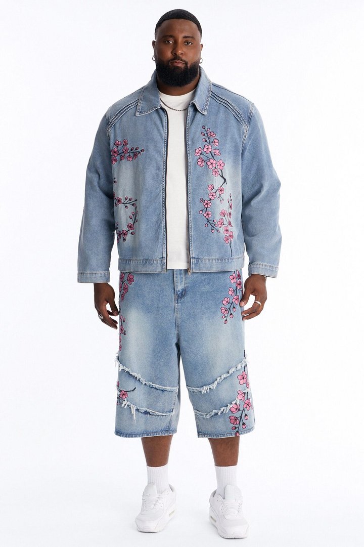 Sakura Flora Embroidered Baggy Denim Short - Light Blue Wash