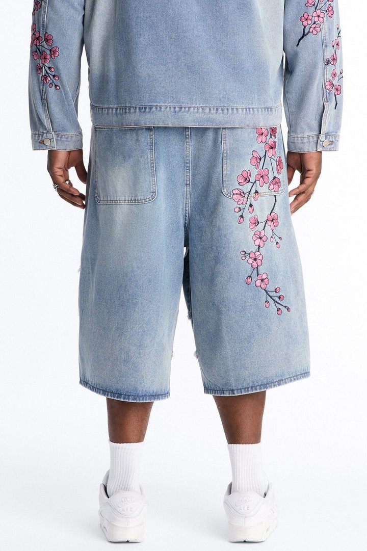 Sakura Flora Embroidered Baggy Denim Short - Light Blue Wash