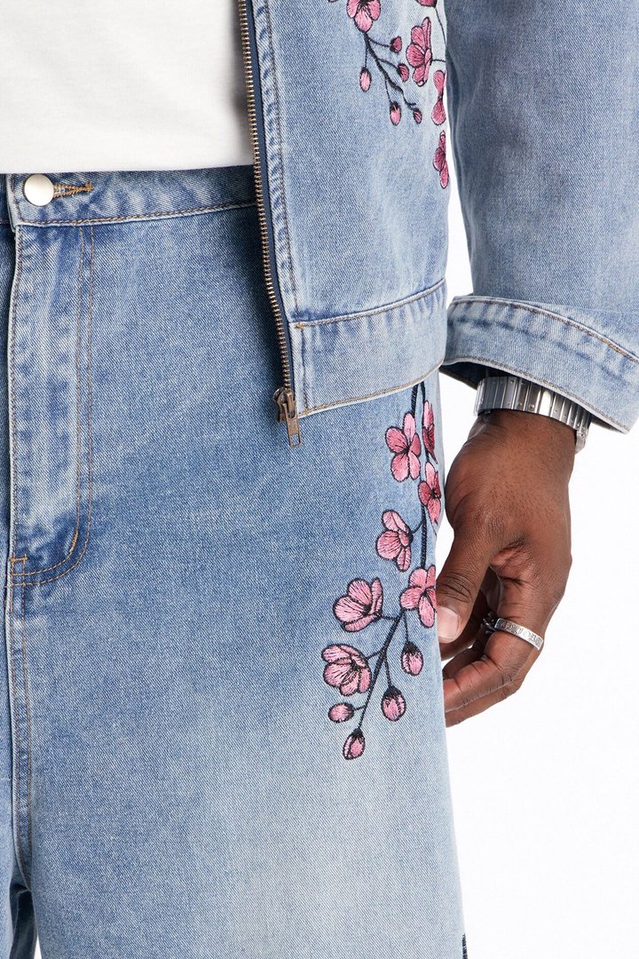 Sakura Flora Embroidered Baggy Denim Short - Light Blue Wash
