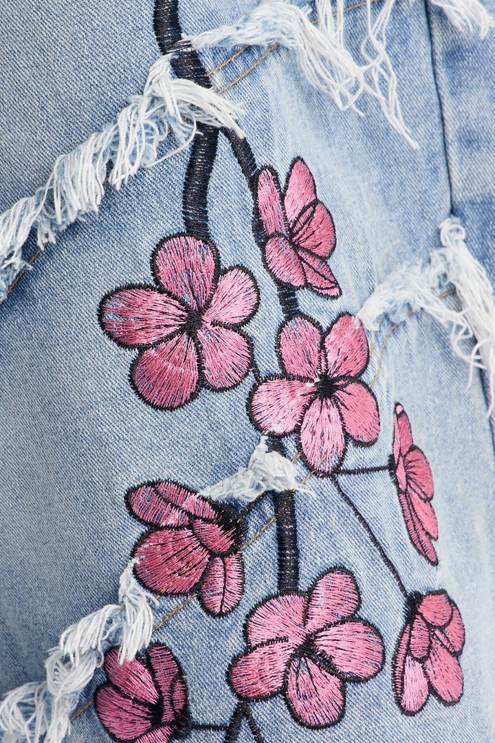 Sakura Flora Embroidered Baggy Denim Short - Light Blue Wash
