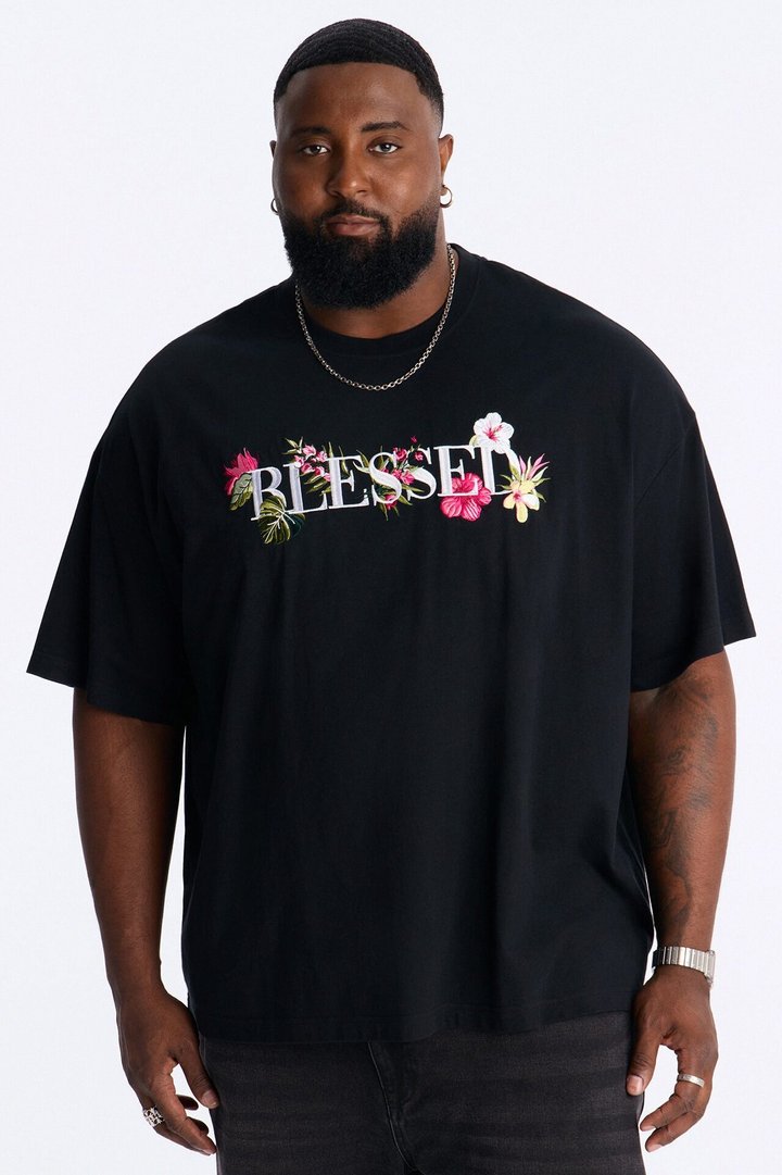 Blessed Floral Oversized Embroidered Short Sleeve Tee - Black