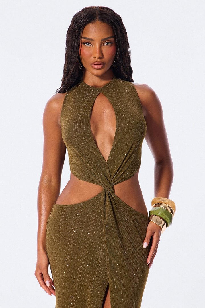 Dazzle Metallic Knit Cut Out Maxi Dress - Olive