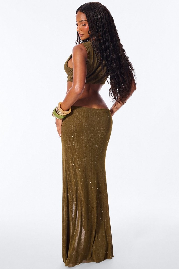 Dazzle Metallic Knit Cut Out Maxi Dress - Olive