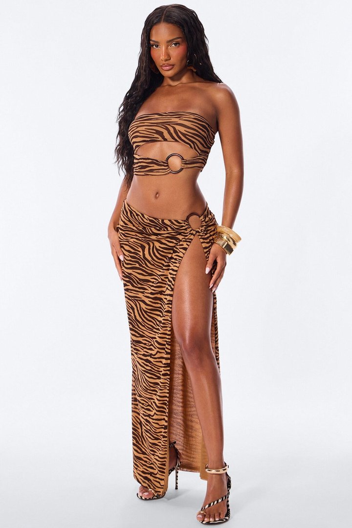 Safari Zebra Mesh Maxi Skirt Set - Taupe/combo