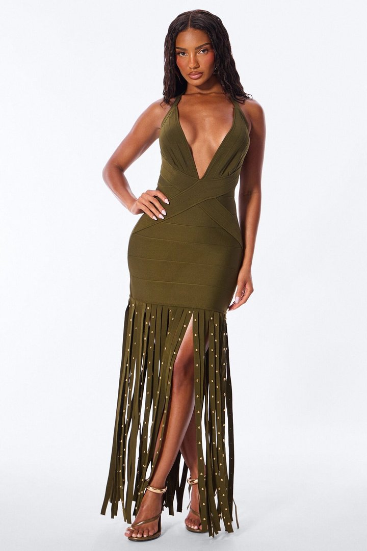 Valeria Bandage Fringe Maxi Dress - Olive