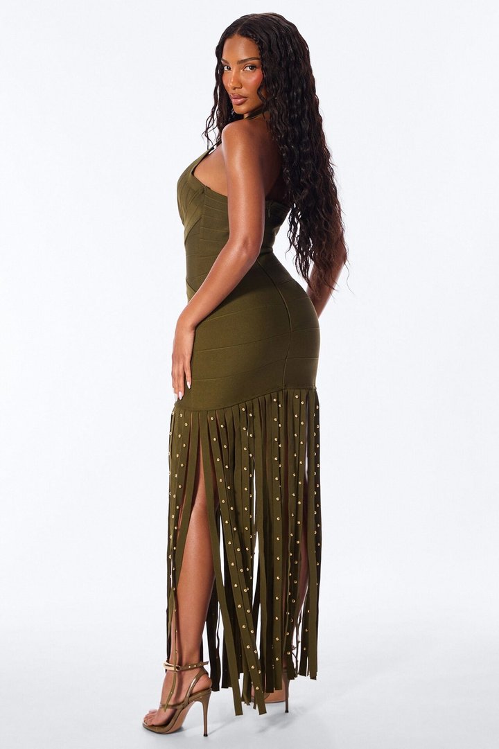 Valeria Bandage Fringe Maxi Dress - Olive