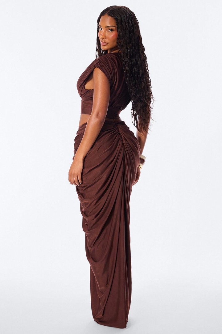 Divinely Draped Double Lined Skirt Set - Chocolate