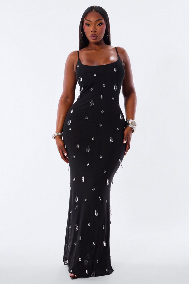 Spotlight Raindrop Bead Mesh Maxi Dress - Black