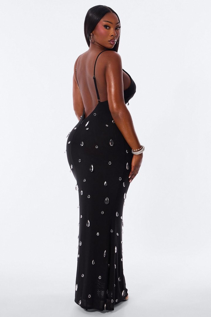 Spotlight Raindrop Bead Mesh Maxi Dress - Black