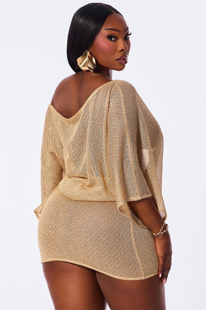 Bronzed Babe Metallic Crochet Off Shoulder Mini Dress - Gold