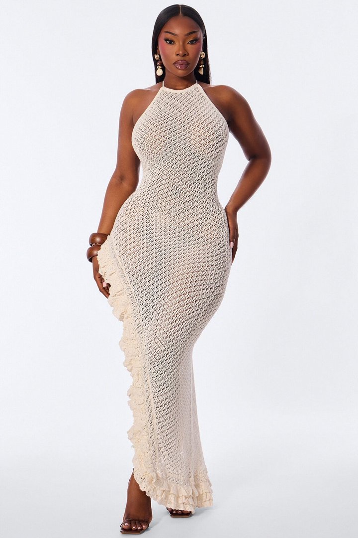 Sunset Crochet High Slit Maxi Dress - Cream