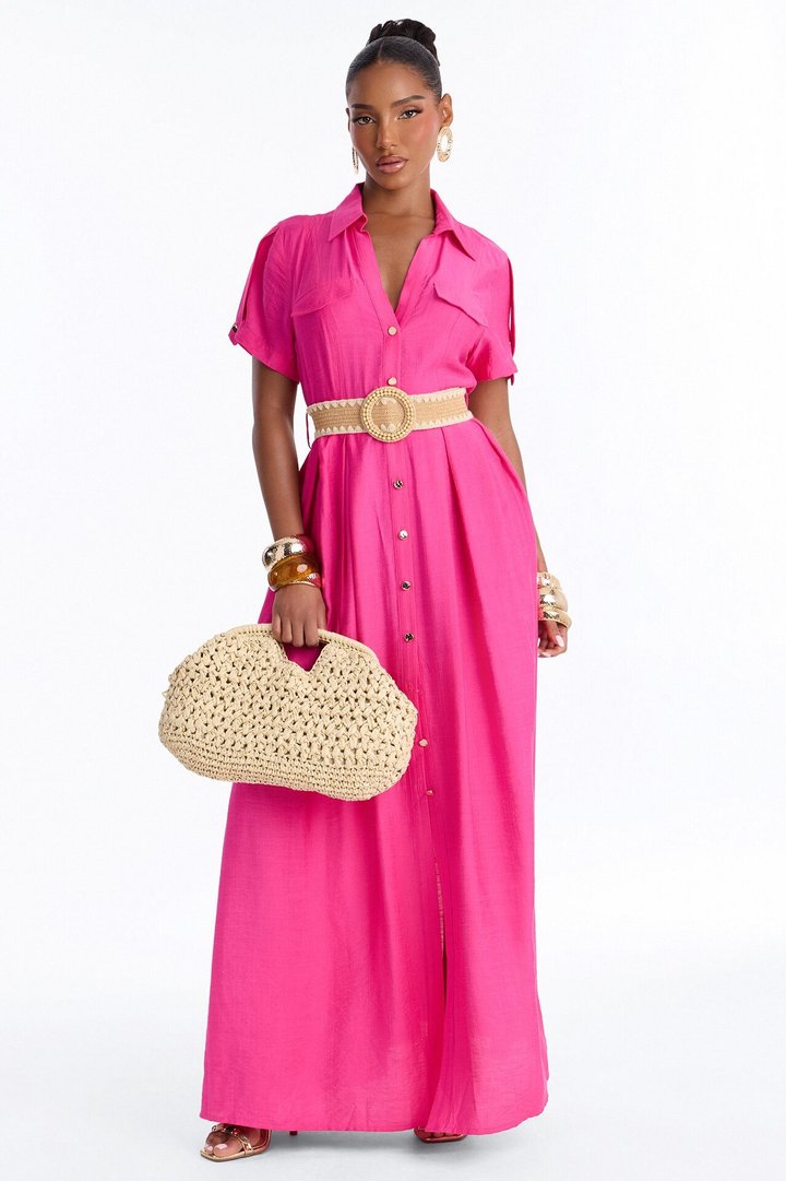 Laurel Linen Maxi Shirt Dress - HotPink