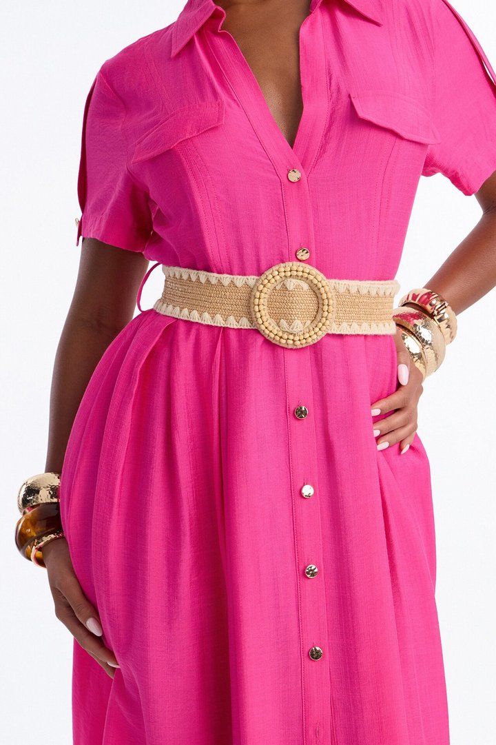 Laurel Linen Maxi Shirt Dress - HotPink