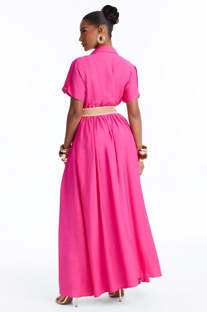 Laurel Linen Maxi Shirt Dress - HotPink