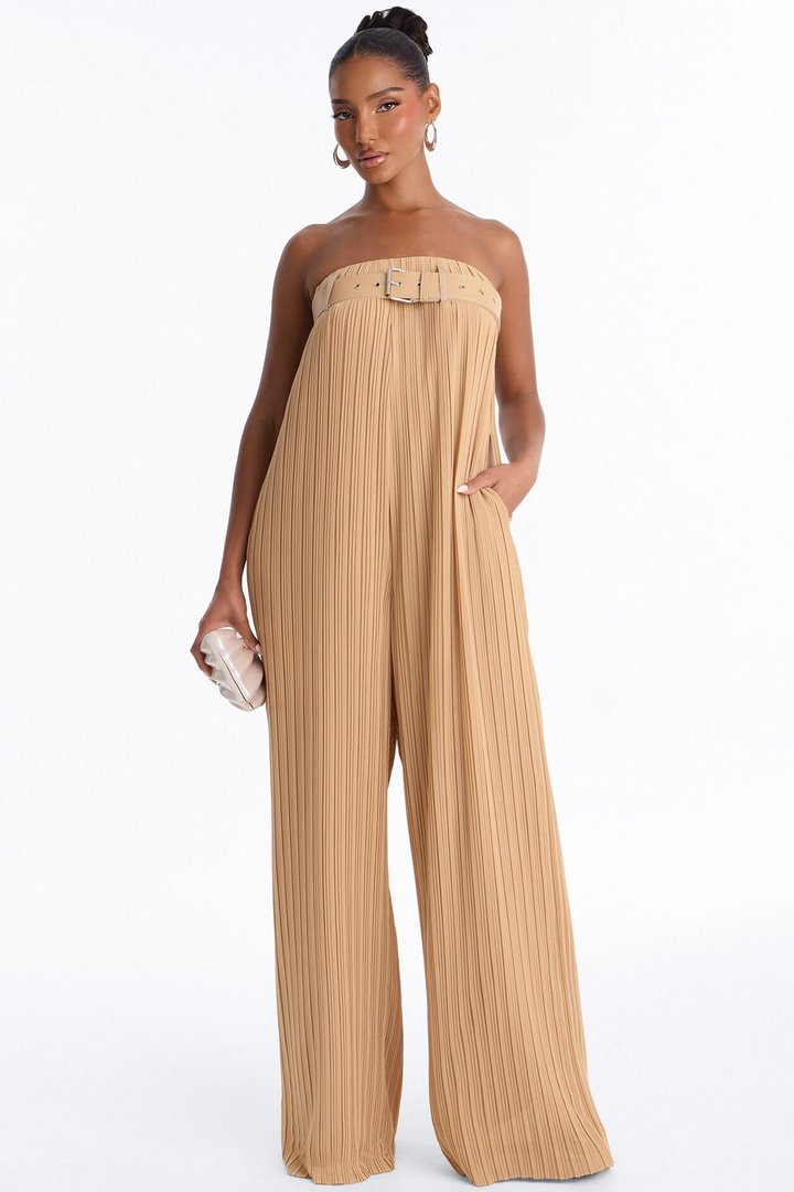 Paloma Chiffon Belted Wide Leg Jumpsuit - Tan