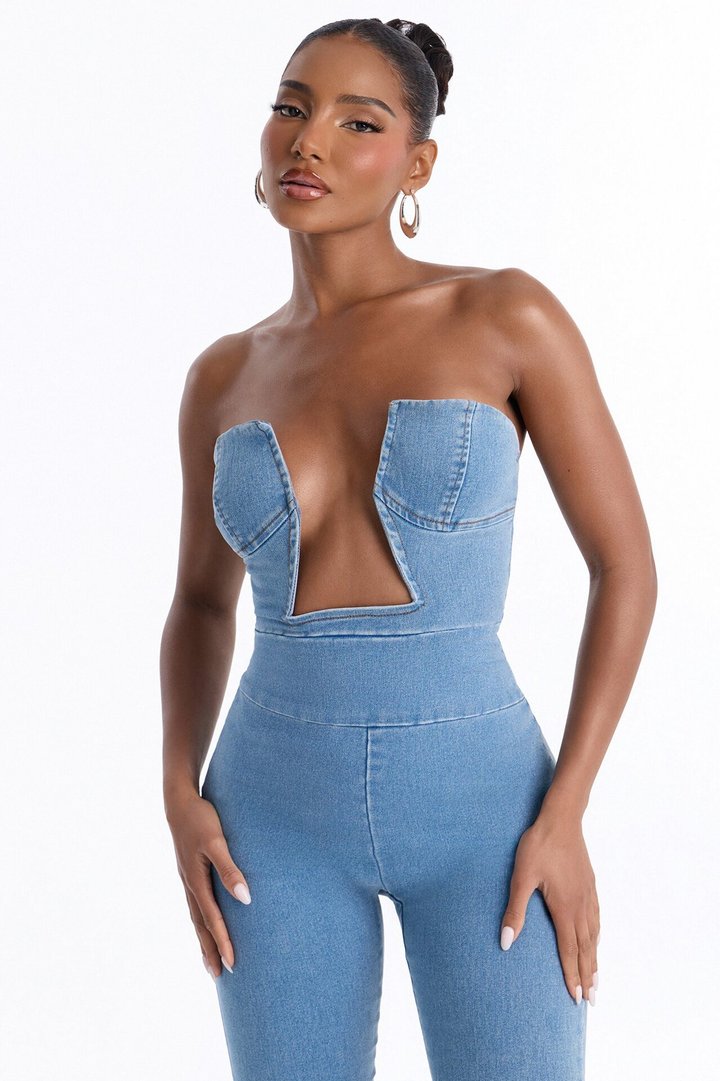 Regina Denim Plunge Neck Jumpsuit - Medium Wash