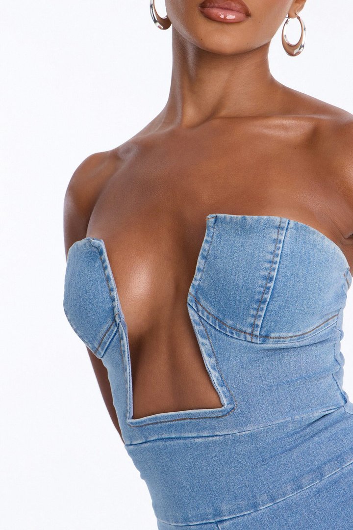 Regina Denim Plunge Neck Jumpsuit - Medium Wash