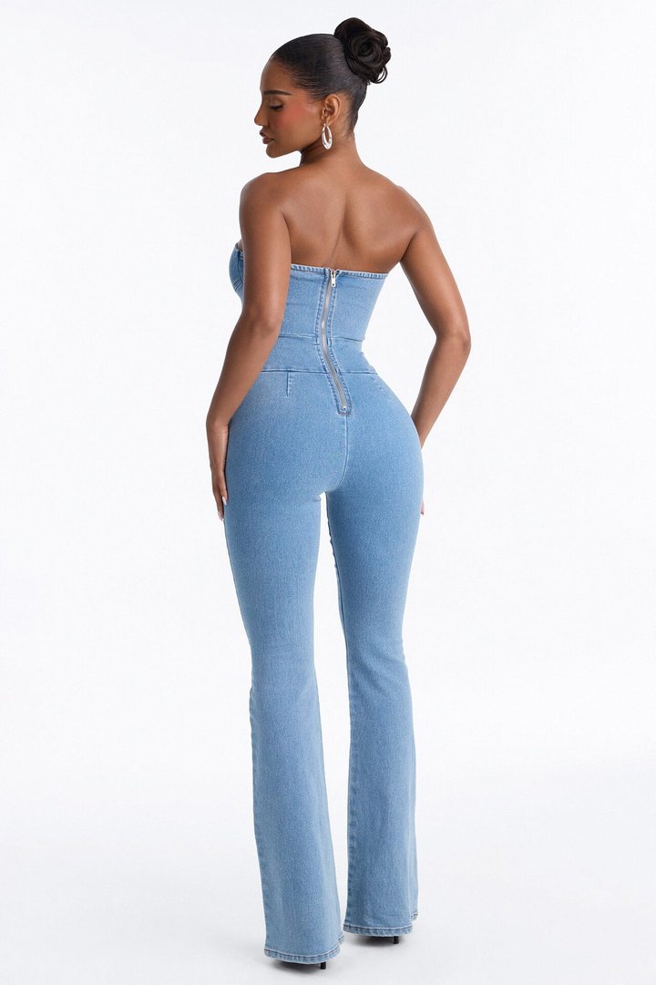 Regina Denim Plunge Neck Jumpsuit - Medium Wash