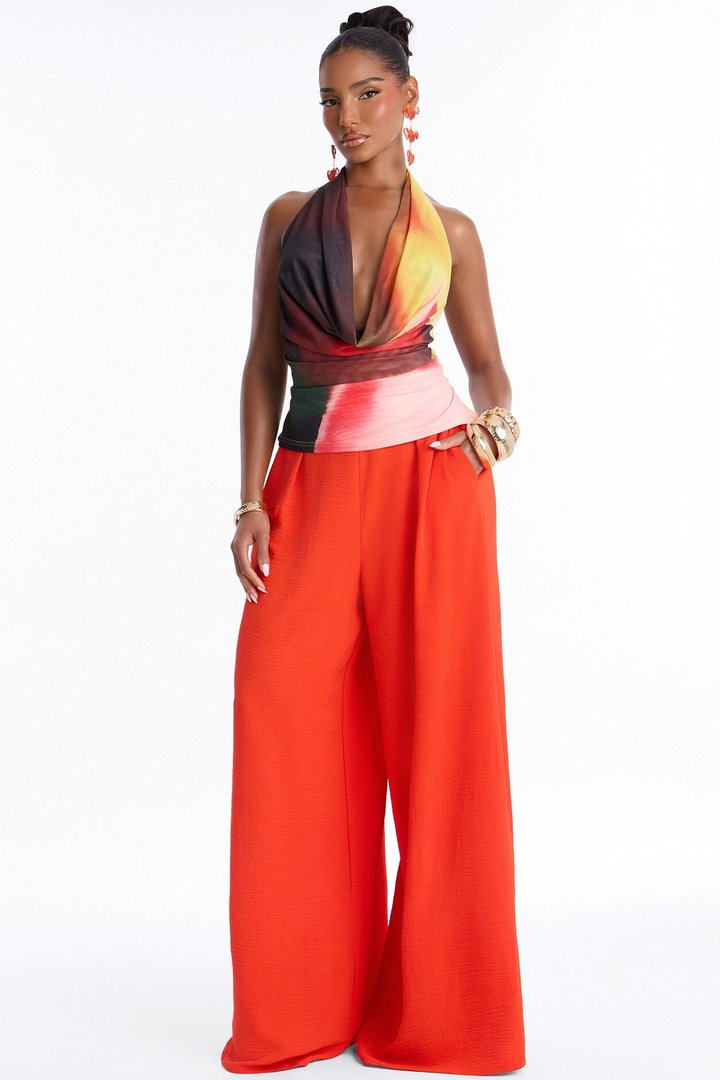 Amiah High Rise Wide Leg Flowy Pant 33″ - Tomato Red
