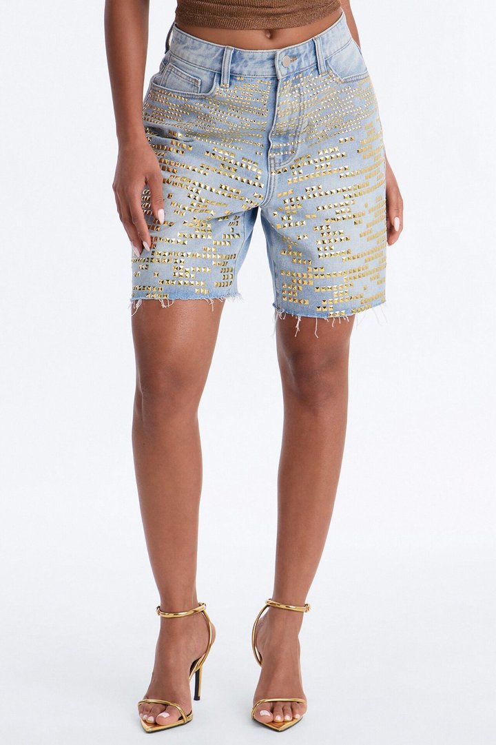 2014 Embellished Cut Off Denim Bermudas - Light Wash