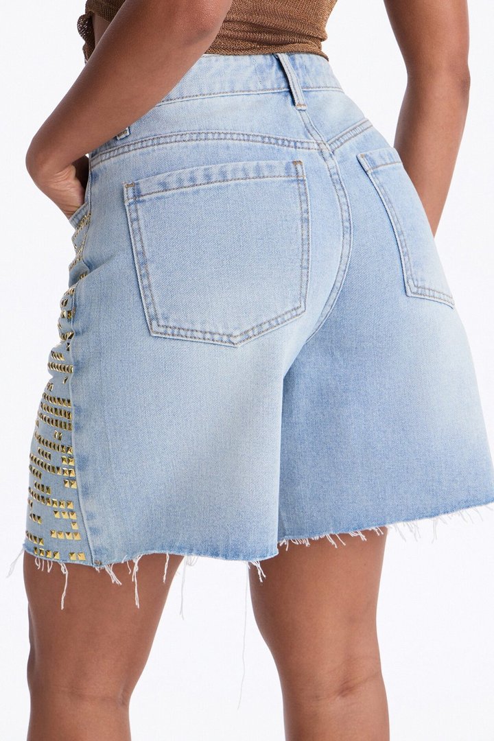 2014 Embellished Cut Off Denim Bermudas - Light Wash