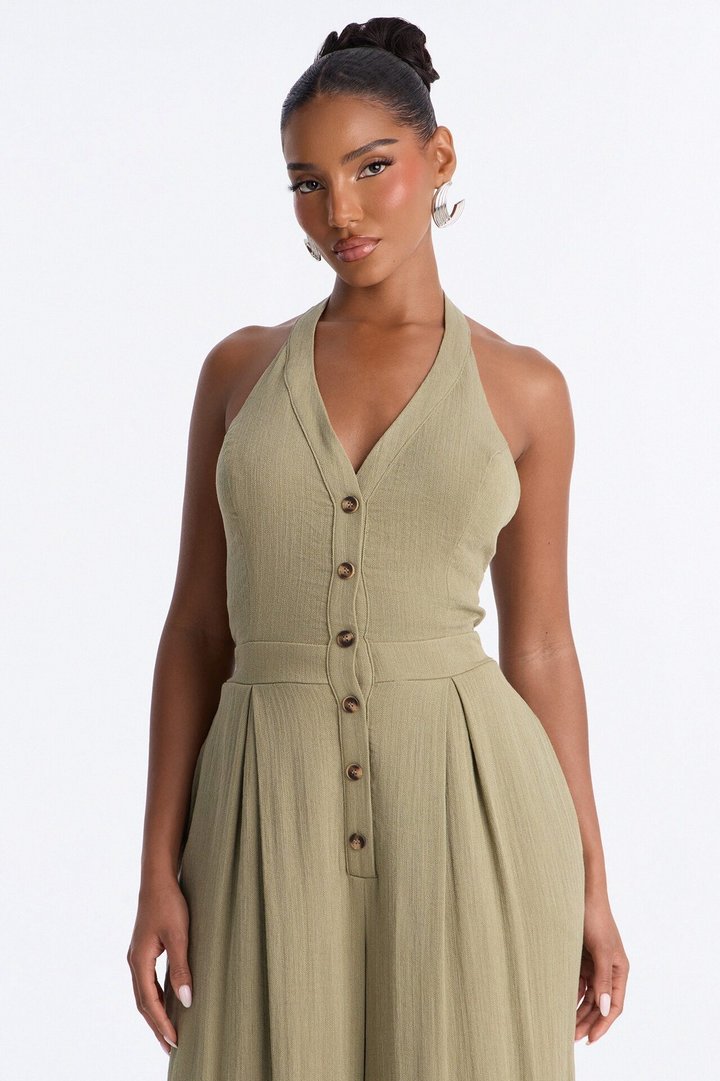 Liana Linen Halter Jumpsuit - Olive