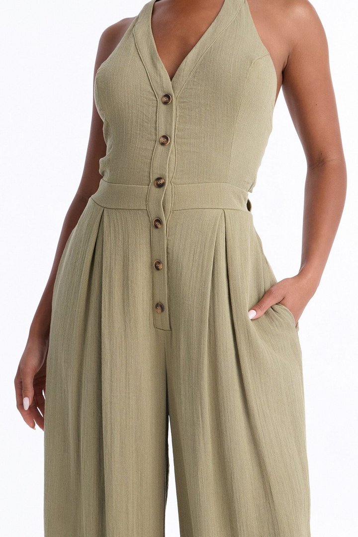 Liana Linen Halter Jumpsuit - Olive