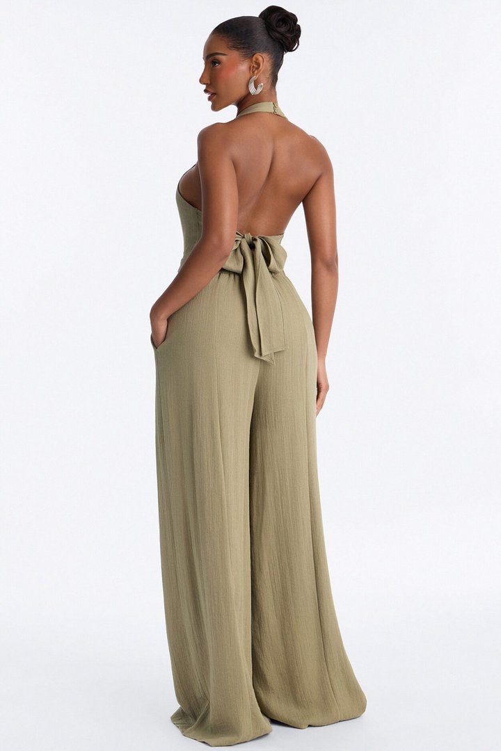 Liana Linen Halter Jumpsuit - Olive