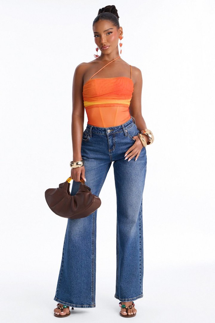 Adeline One Shoulder Mesh Bodysuit - Orange/combo