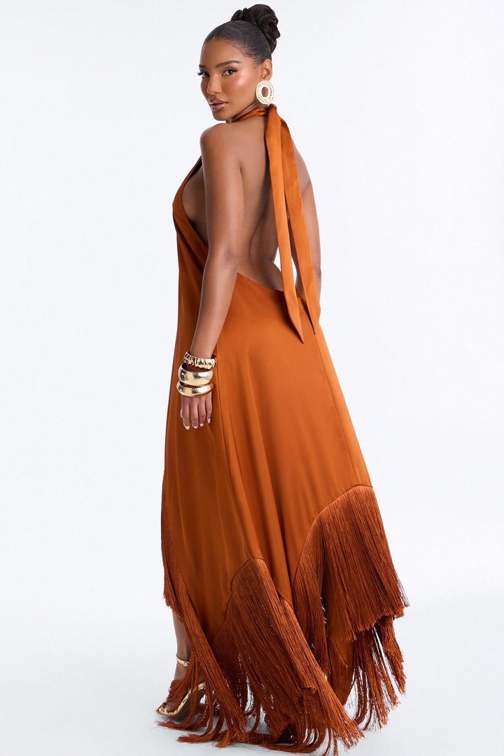 Scarlette Satin Fringe Maxi Dress - Bronze
