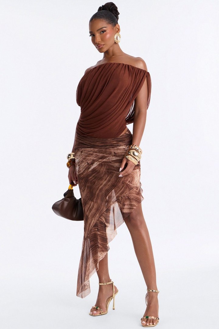 Steff Ruched Off Shoulder Mesh Bodysuit - Brown