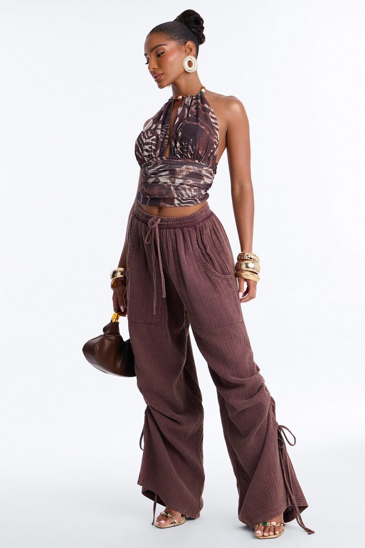 Kayla Mid Rise Washed Gauze Wide Leg Pant - Brown