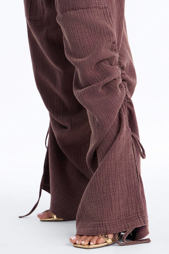 Kayla Mid Rise Washed Gauze Wide Leg Pant - Brown